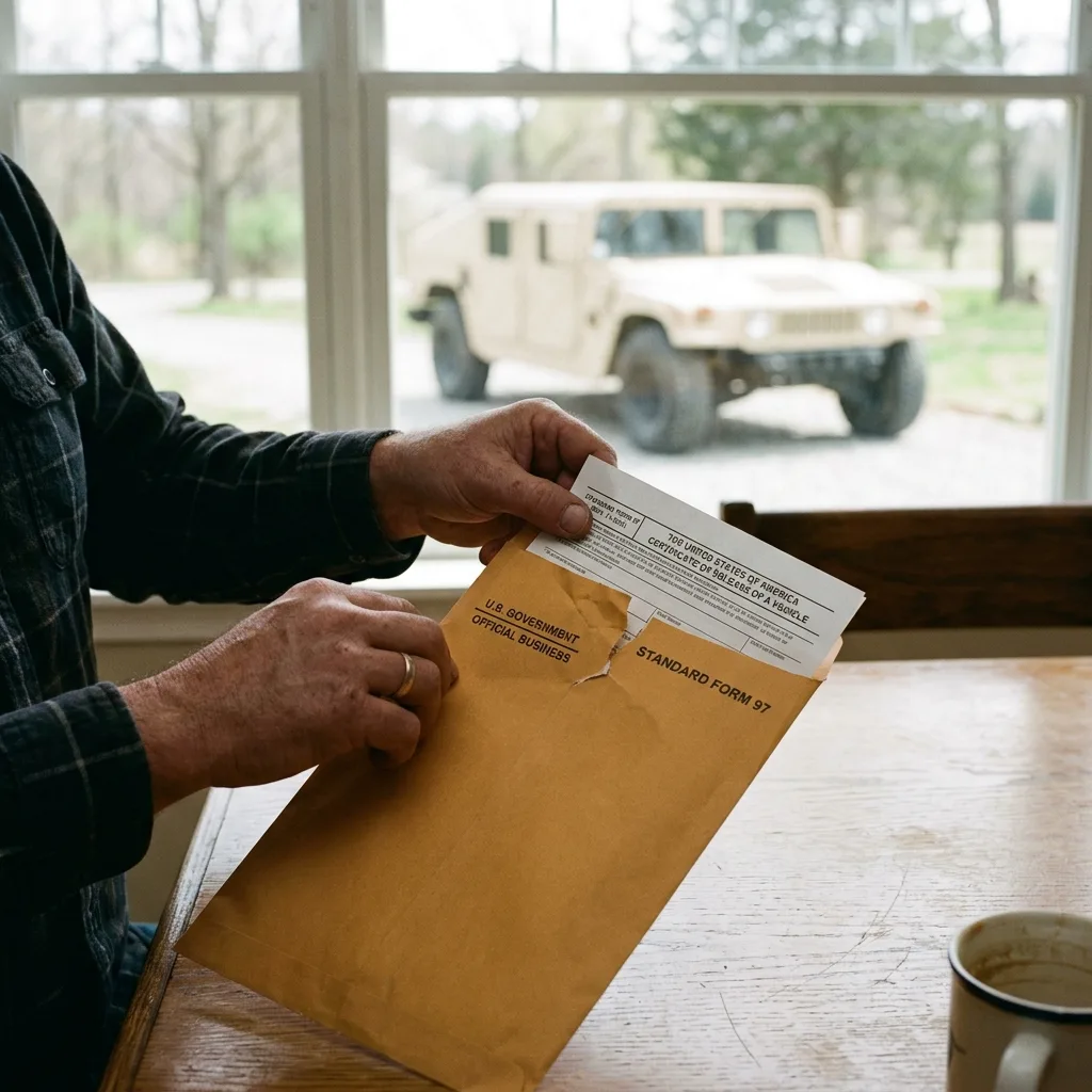 Close-up of hands opening manila envelope with SF-97 government vehicle release document at kitchen table