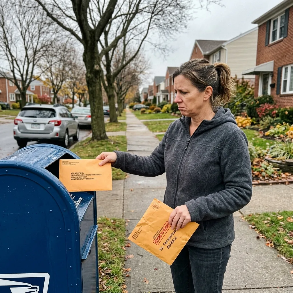 Person at USPS mailbox with Vermont DMV envelope returned to sender after Vermont Act 165 closed the registration loophole