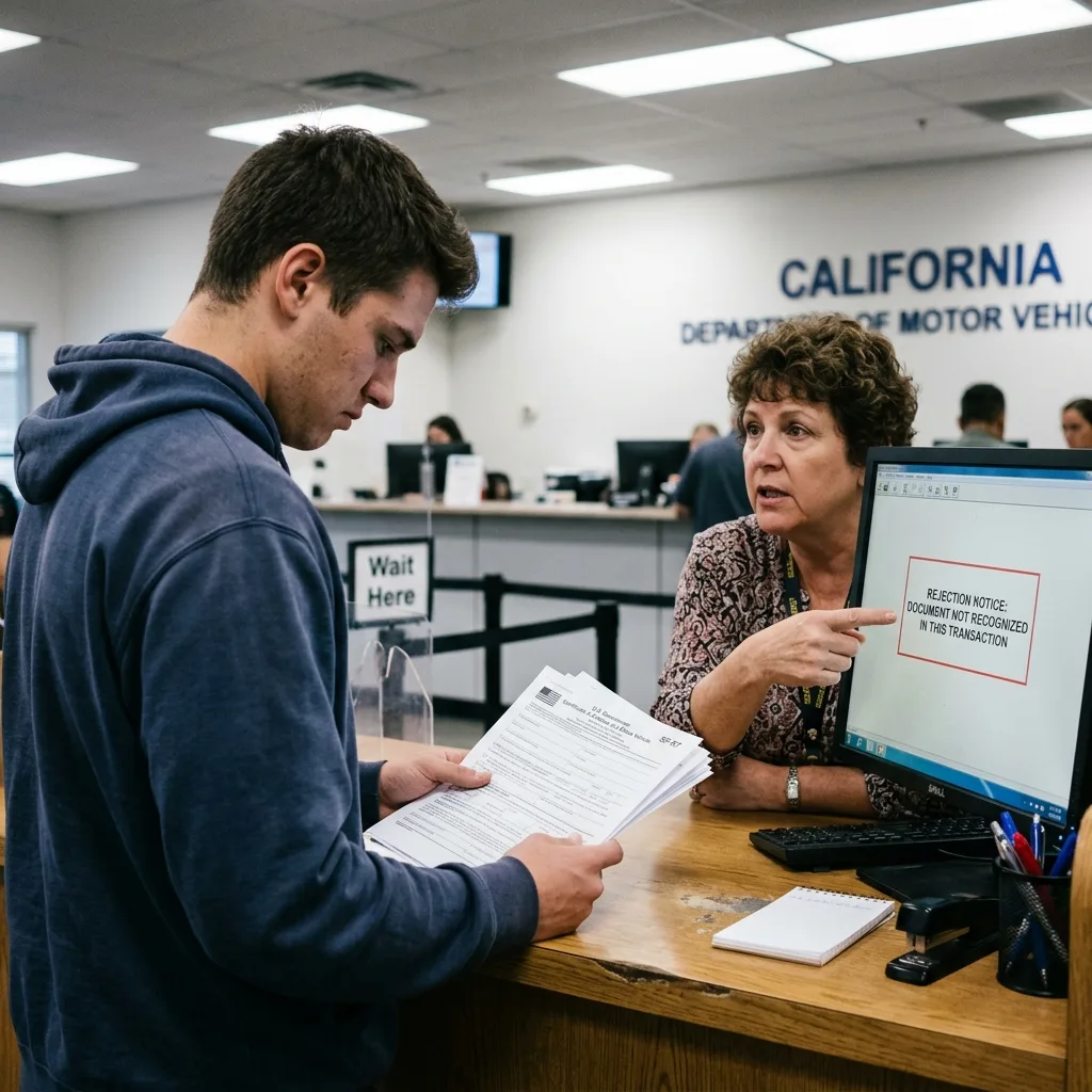 Person at California DMV counter holding SF-97 document being rejected by clerk at Tier 4 state DMV