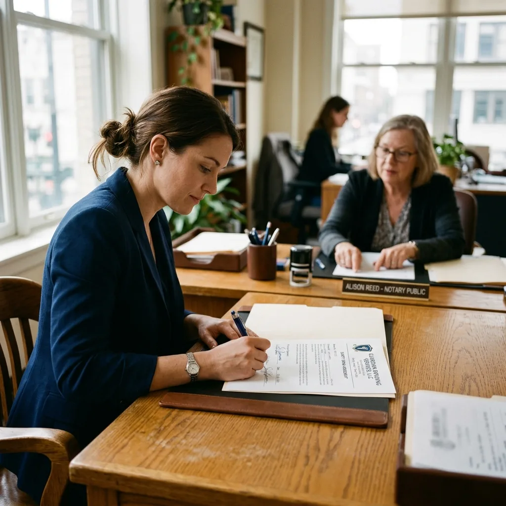 Person signing surety bond paperwork at notary office desk for vehicle bonded title process