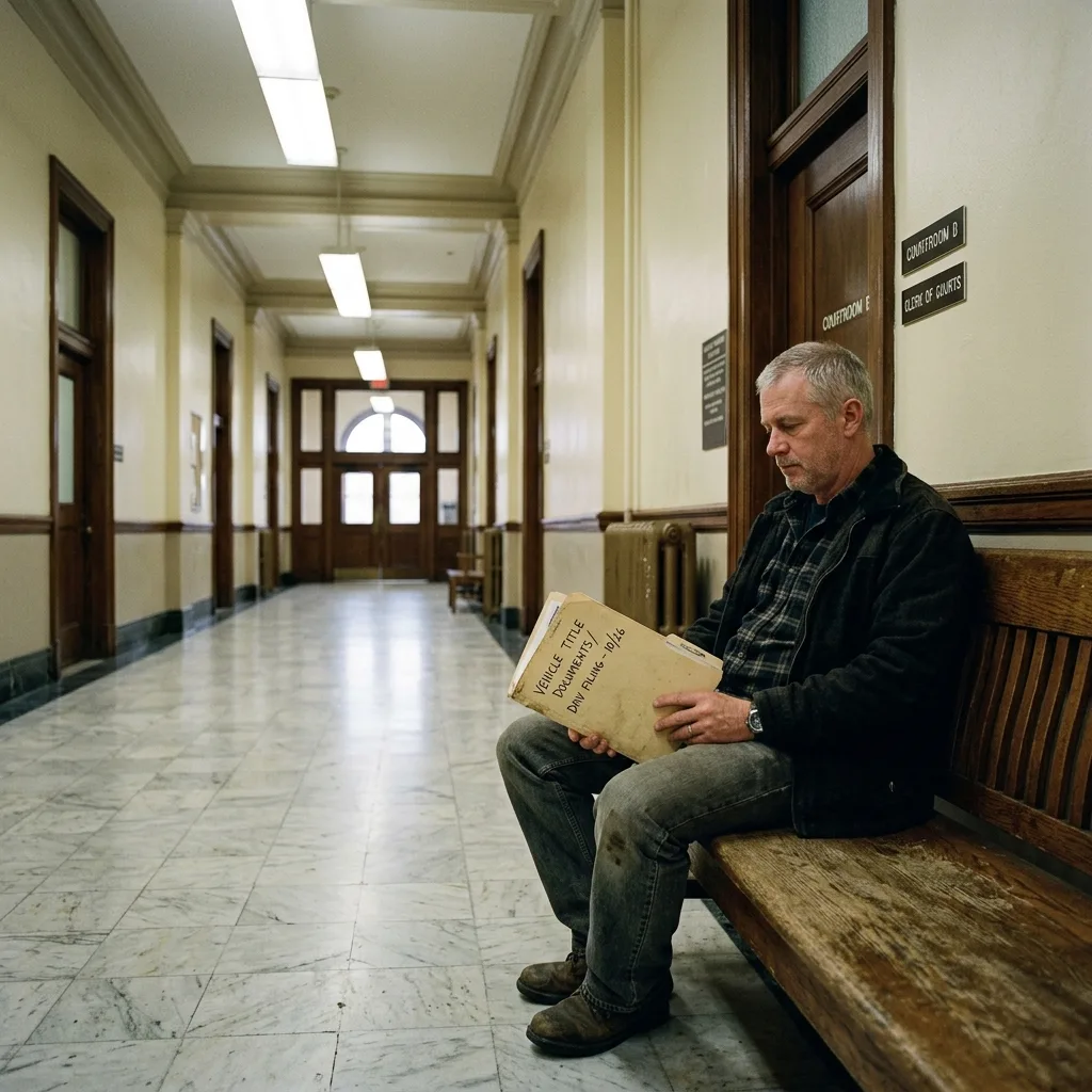 Person waiting in county courthouse hallway with vehicle title documents for court-ordered title hearing