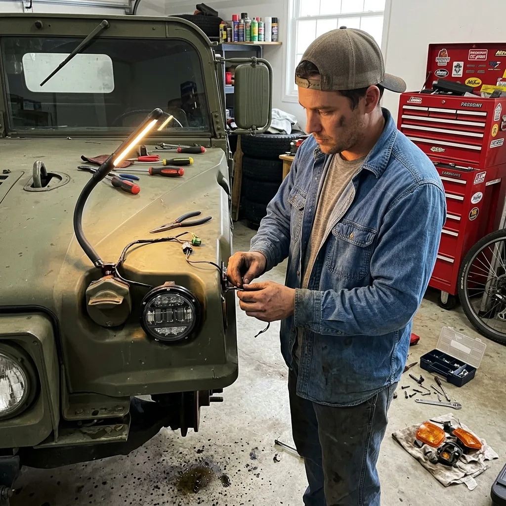 Mechanic installing aftermarket turn signal assembly on olive drab HMMWV M998 in home garage for street legal conversion