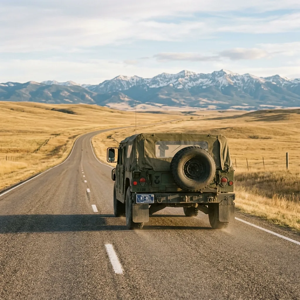 Rear view of HMMWV M998 with Montana license plate driving on rural Montana highway after SF-97 title through Montana LLC