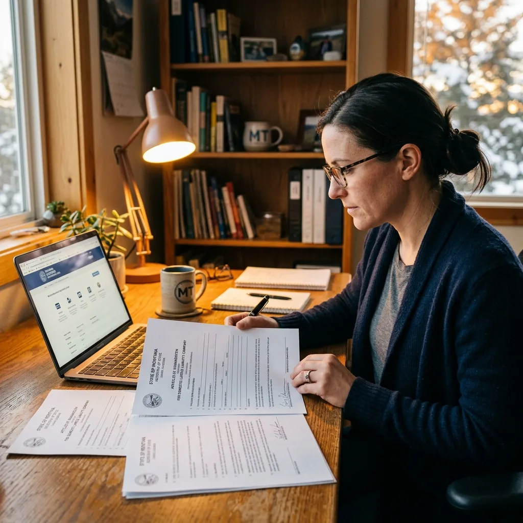 Person reviewing Montana LLC Articles of Organization documents with Montana Secretary of State letterhead at home office desk