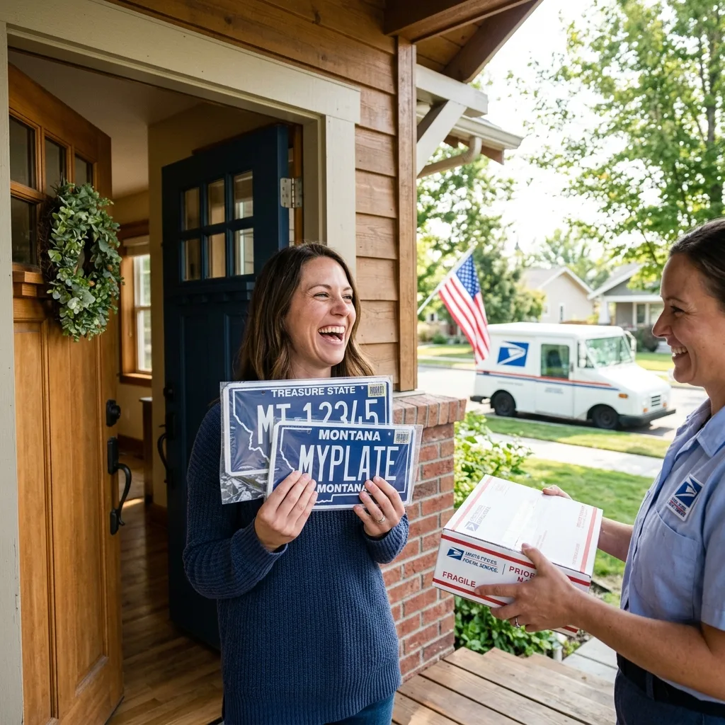 Person receiving Montana license plates in mail package at front door after SF-97 Montana LLC registration