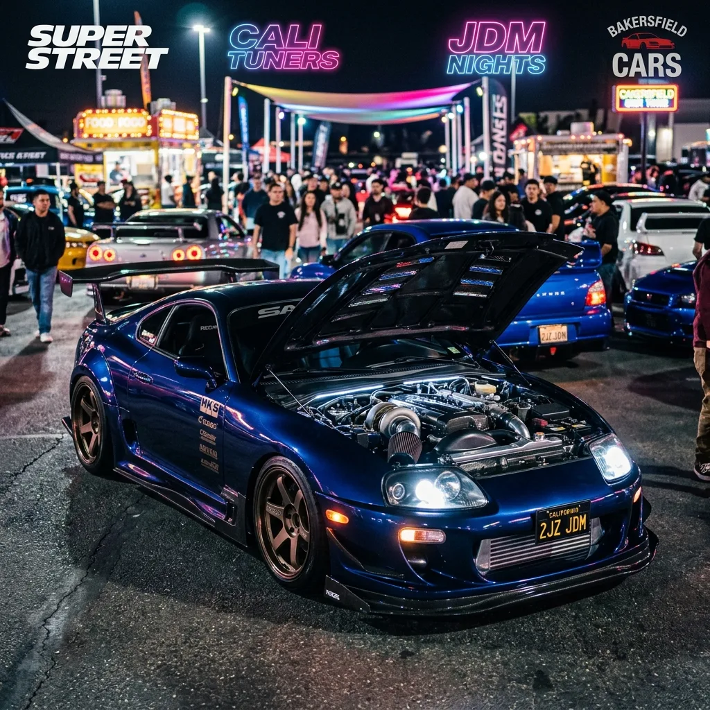 Modified JDM sports car with aftermarket intake parked in California garage