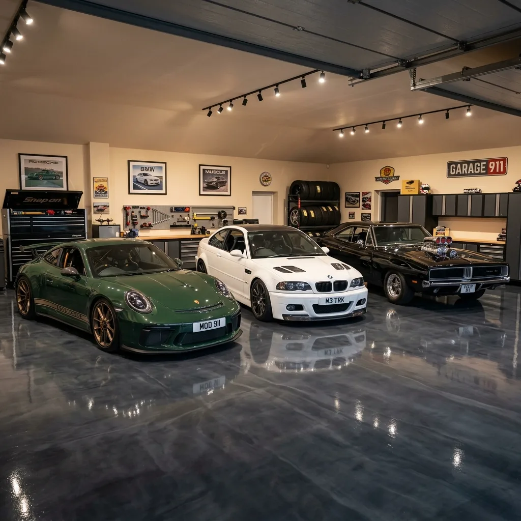 enthusiast garage with modified collector cars sitting unused