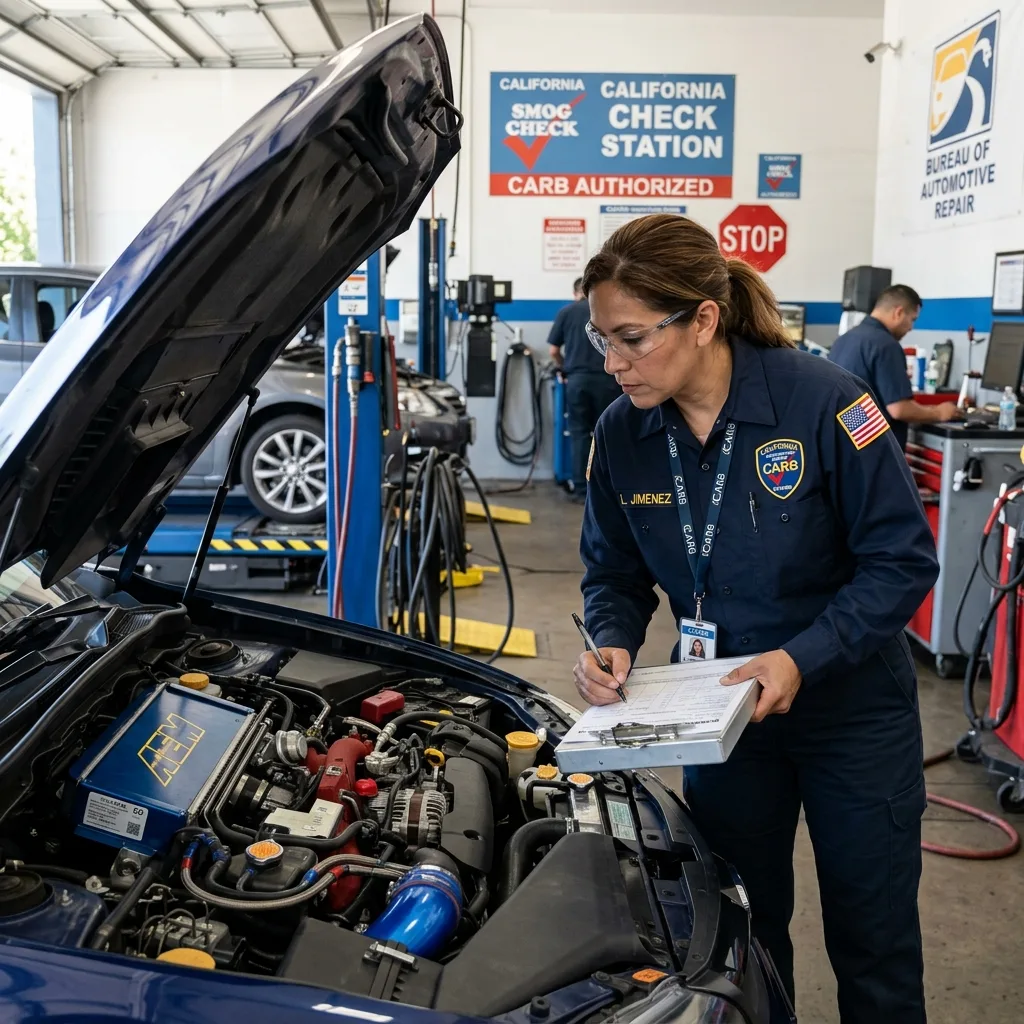 California CARB enforcement inspector checking vehicle at car show