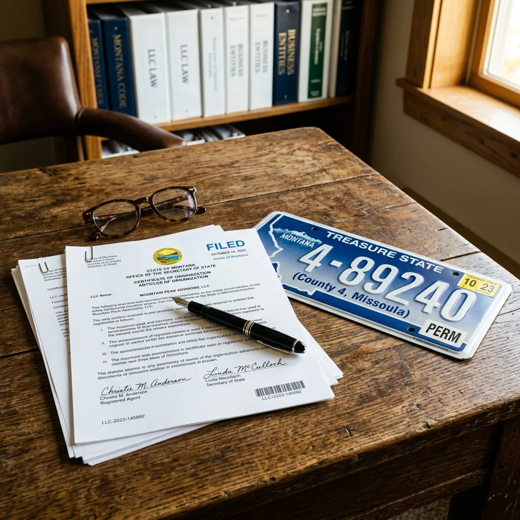 Montana LLC formation documents and vehicle registration paperwork