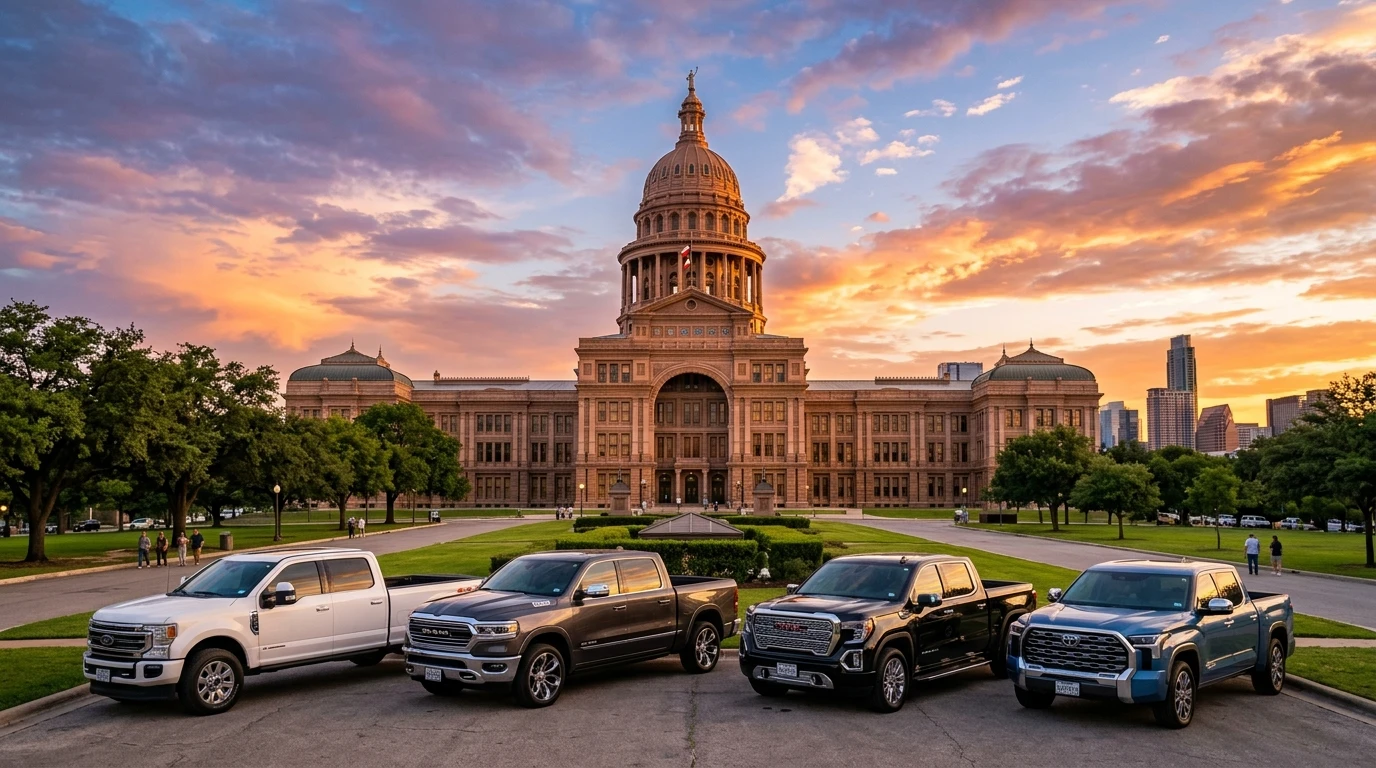 Texas vehicle tax - Texas state capitol with luxury pickup trucks at golden hour