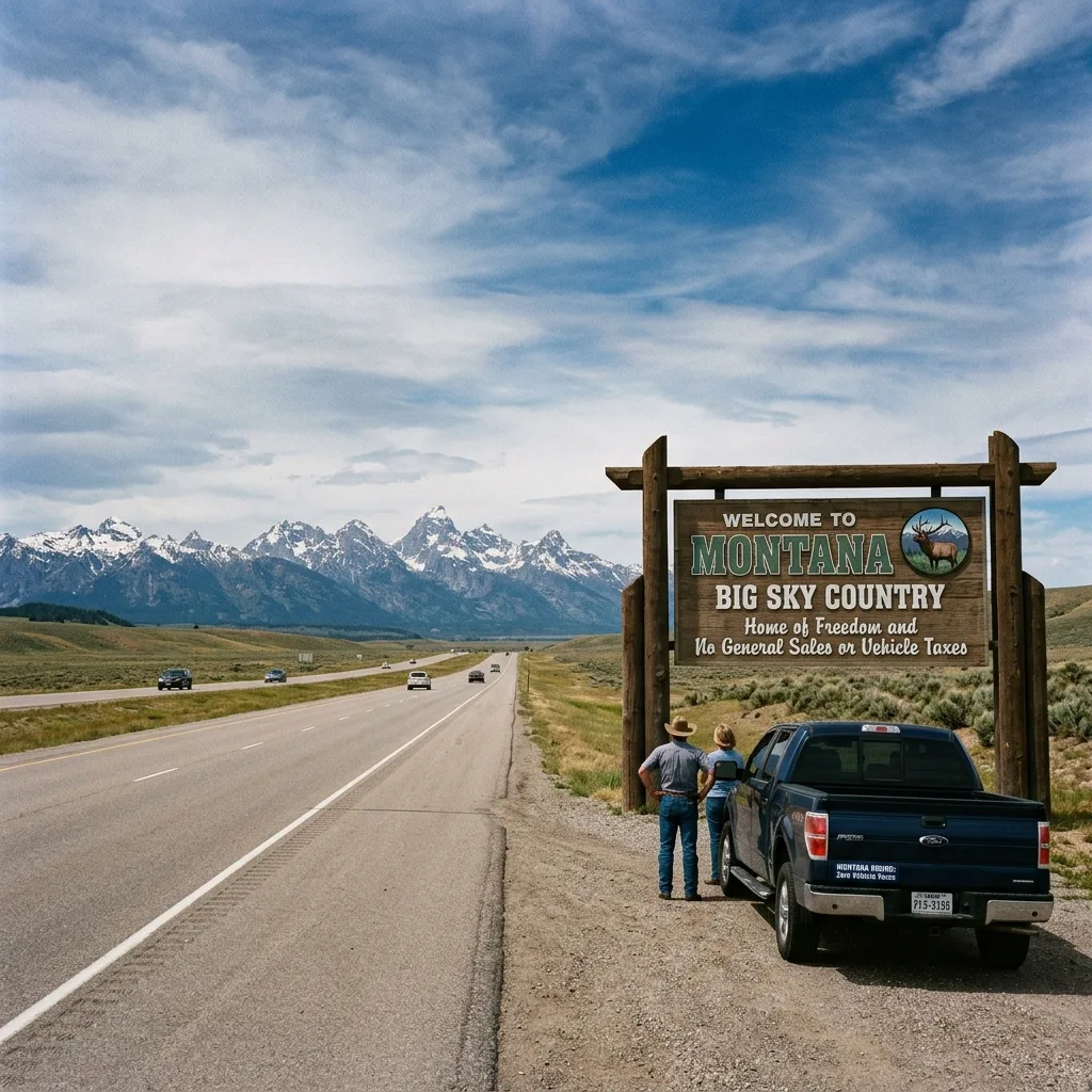 Montana welcome sign mountain highway no state sales tax vehicle registration freedom