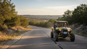 Texas Polaris RZR XP1000 on Hill Country ranch road with Montana license plate