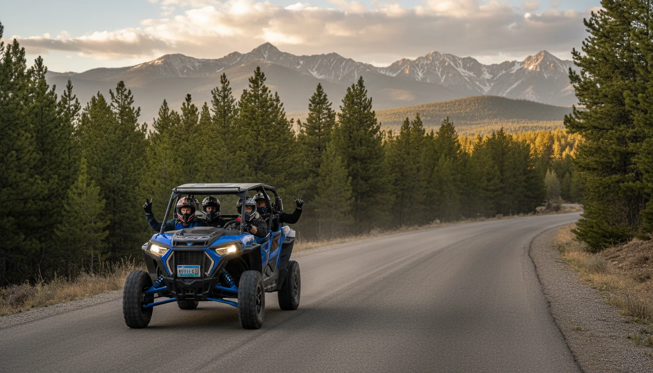 Utah Polaris RZR Pro R four-seat on state route Fishlake Forest with Montana plate