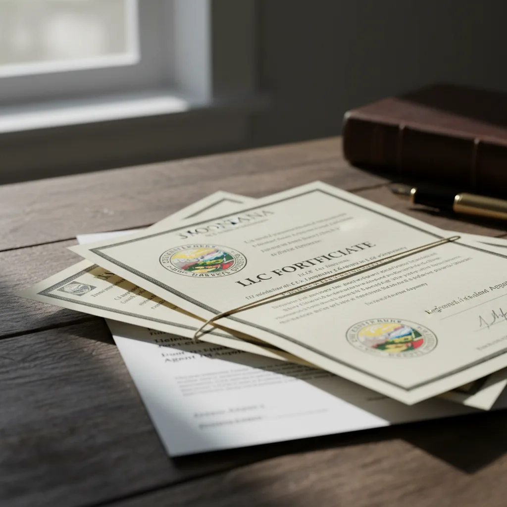 Montana LLC vehicle registration documents formation certificate on desk