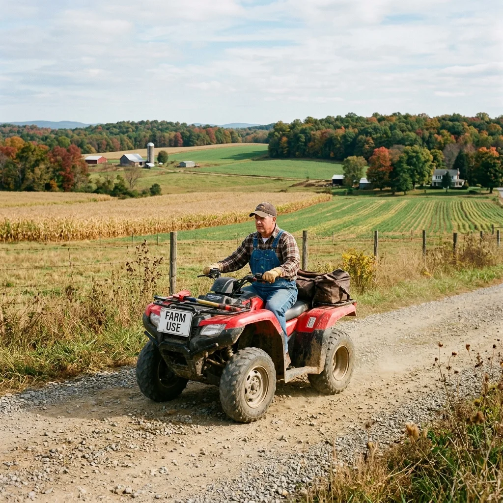 virginia off-road restrictions ATV with farm-use placard on rural Virginia farm road