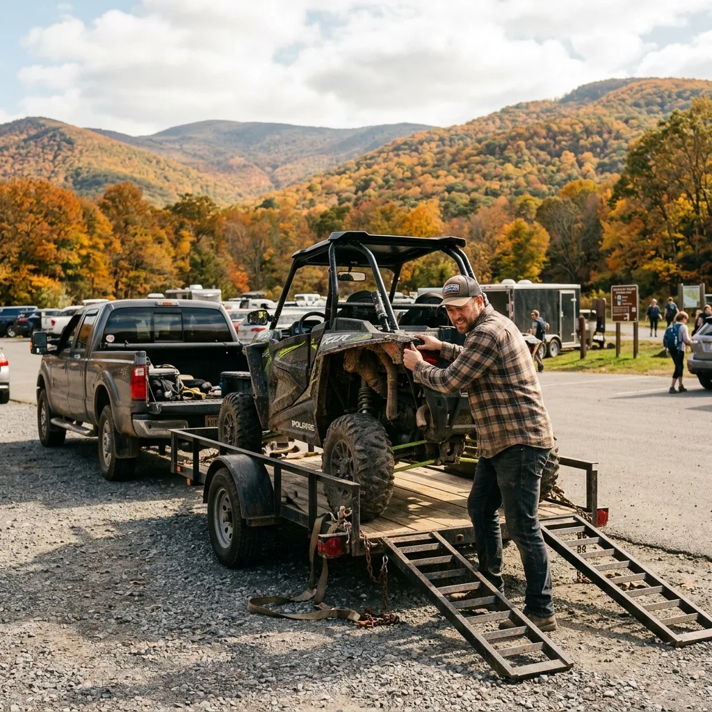 frustrated ATV owner loading UTV on trailer at Blue Ridge trailhead parking lot