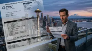 Washington vehicle tax RTA excise tax Seattle skyline with tax bill overlay