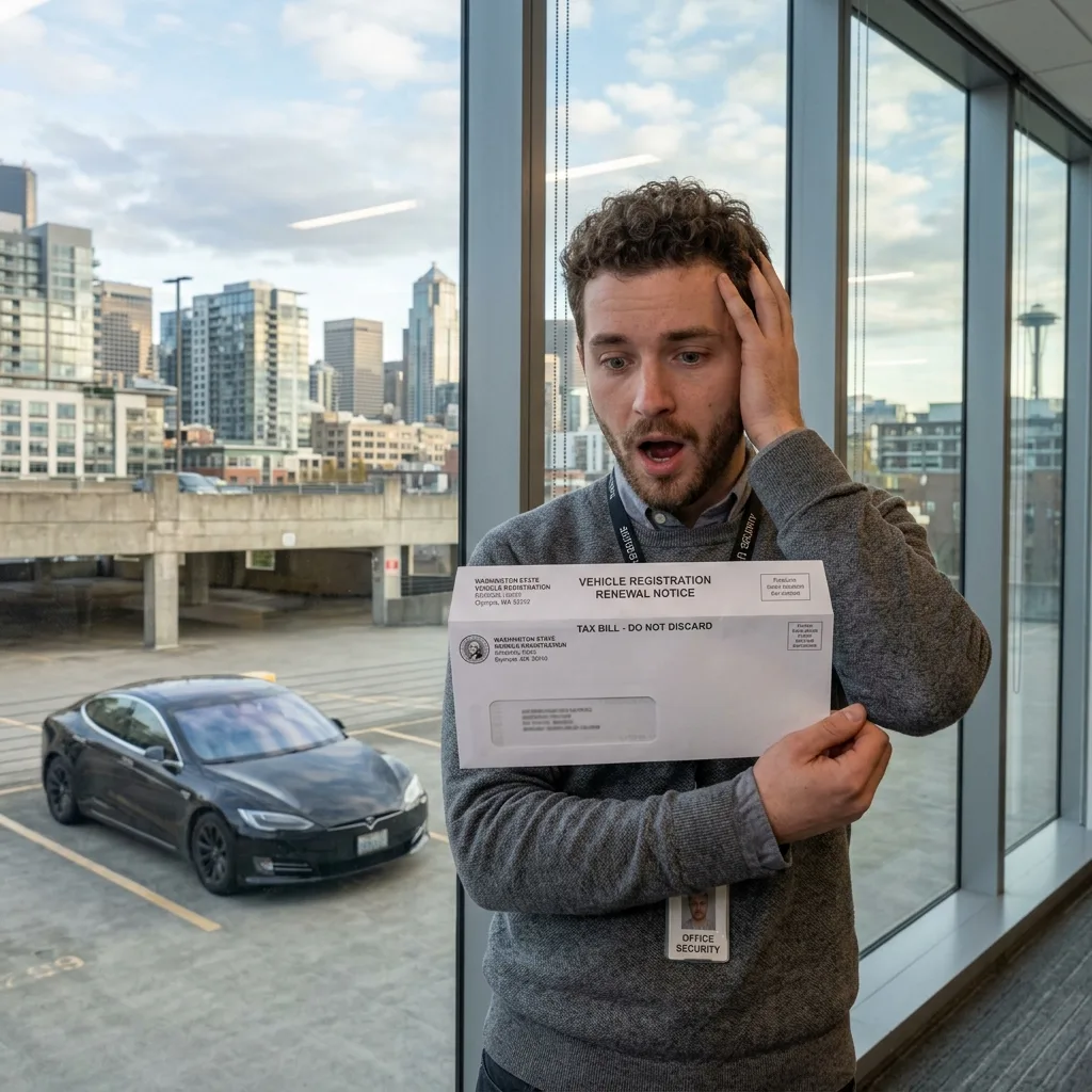 Washington vehicle tax shock receipt with Seattle skyline