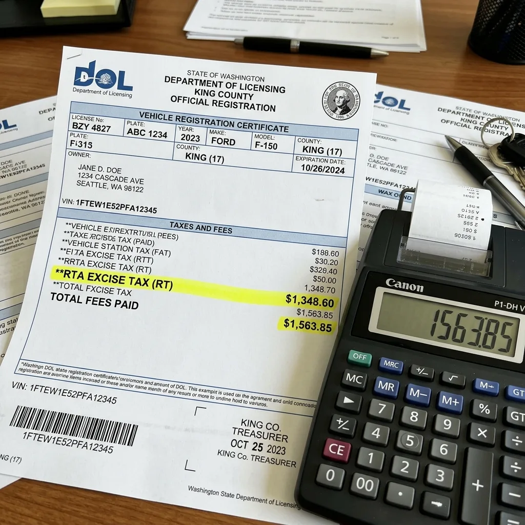 Washington vehicle tax DOL paperwork on desk