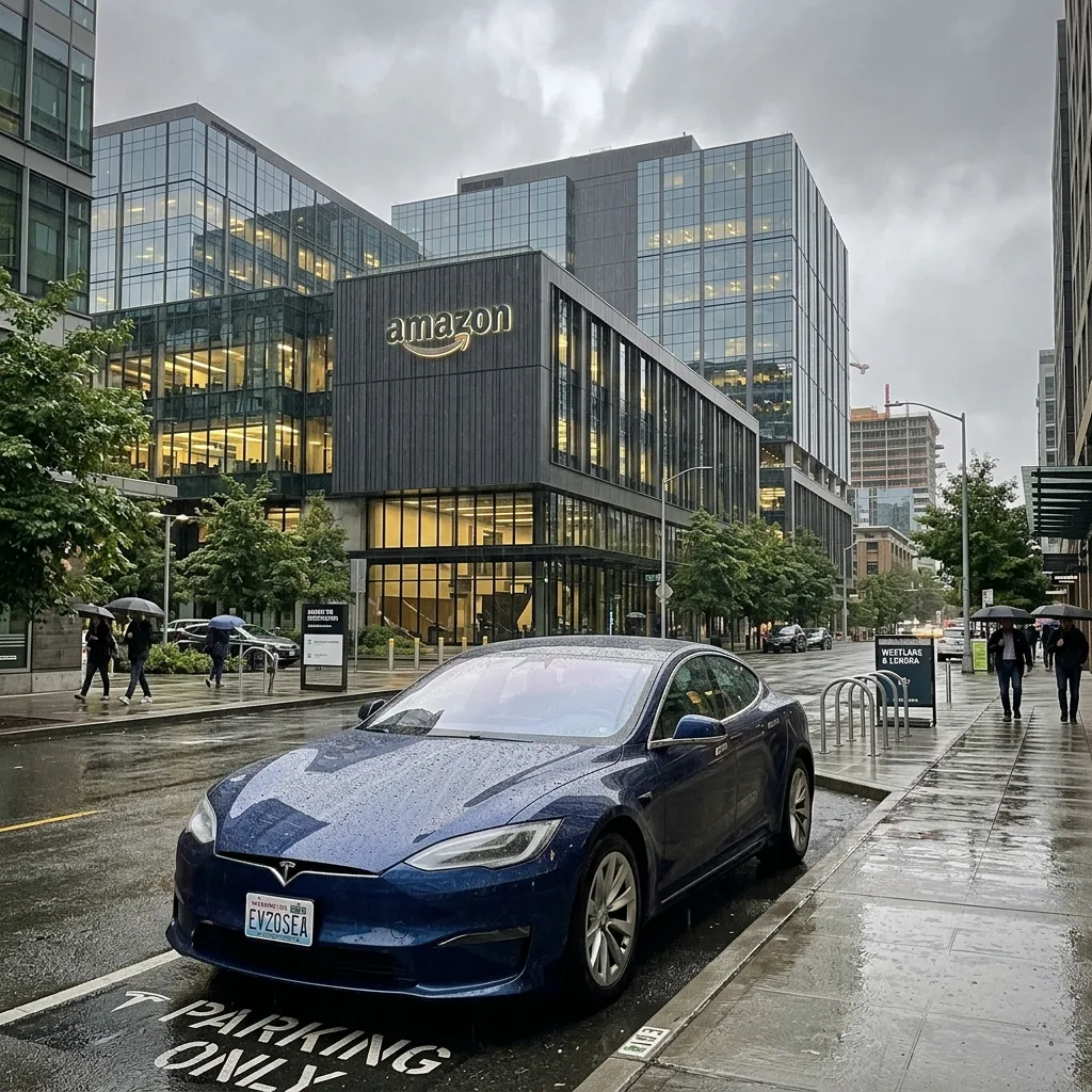 Tesla parked outside Amazon Seattle headquarters