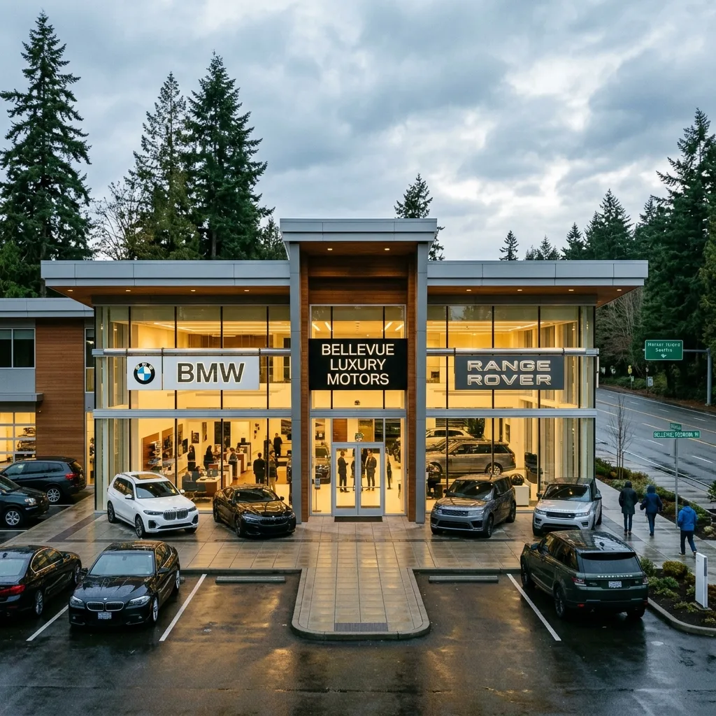 Luxury car dealership showroom with Range Rover and BMW