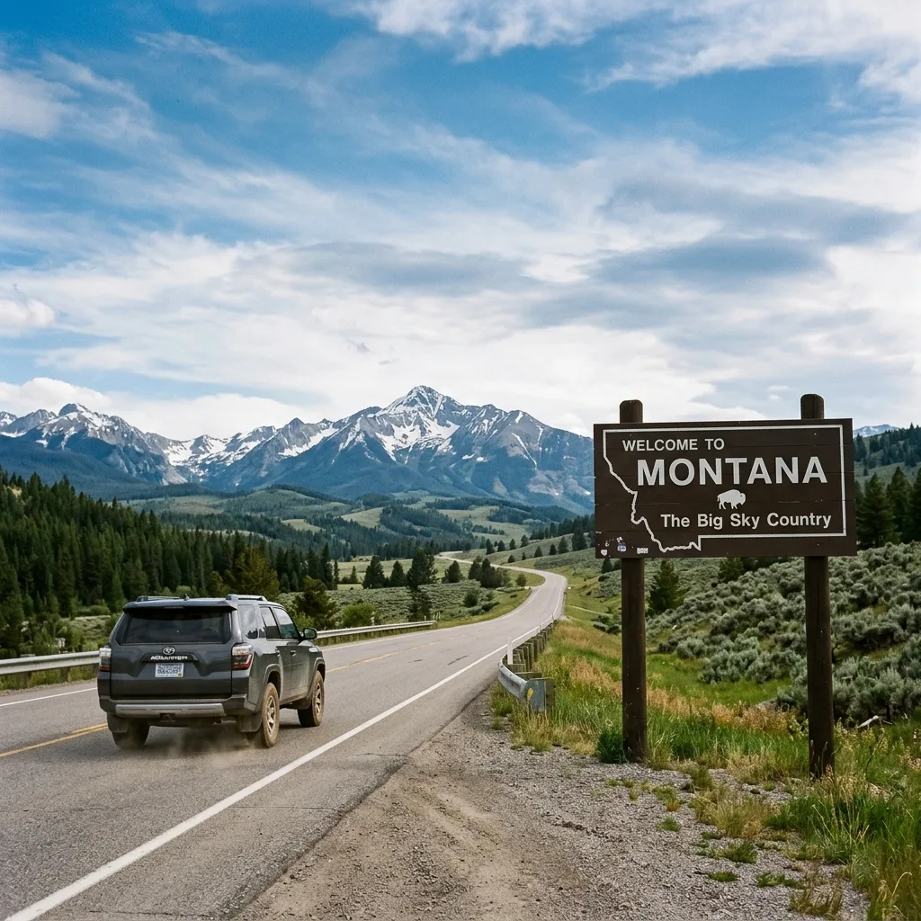 Welcome to Montana road sign with Big Sky landscape