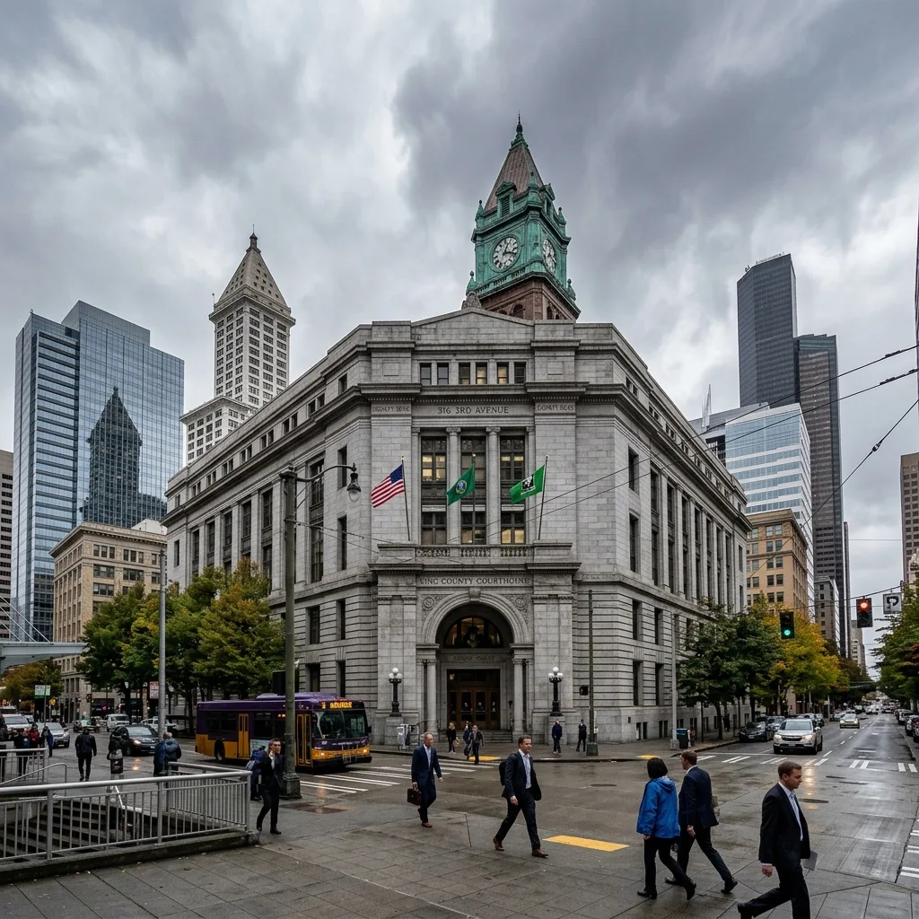 King County courthouse exterior in downtown Seattle