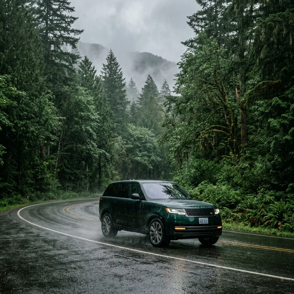 Range Rover parked in Seattle rain at upscale neighborhood