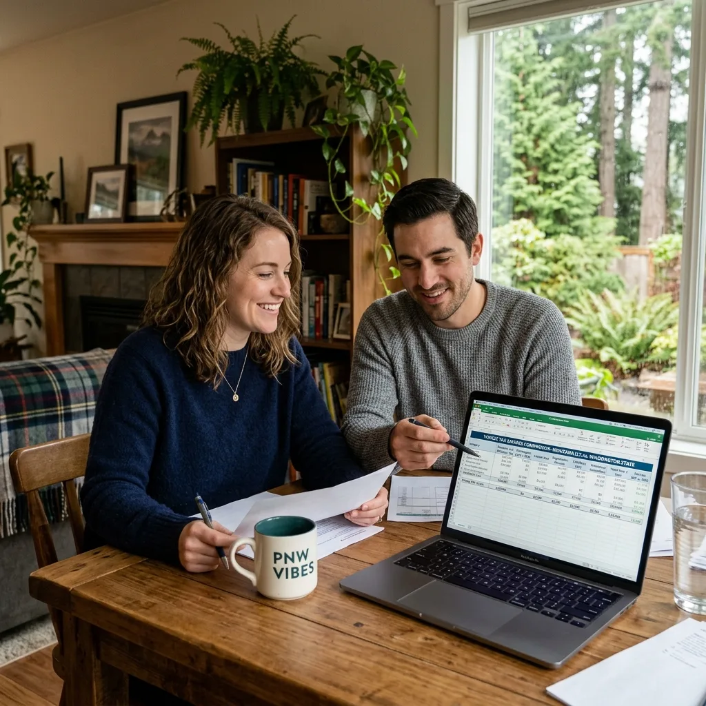 Couple reviewing Montana LLC paperwork on laptop at home