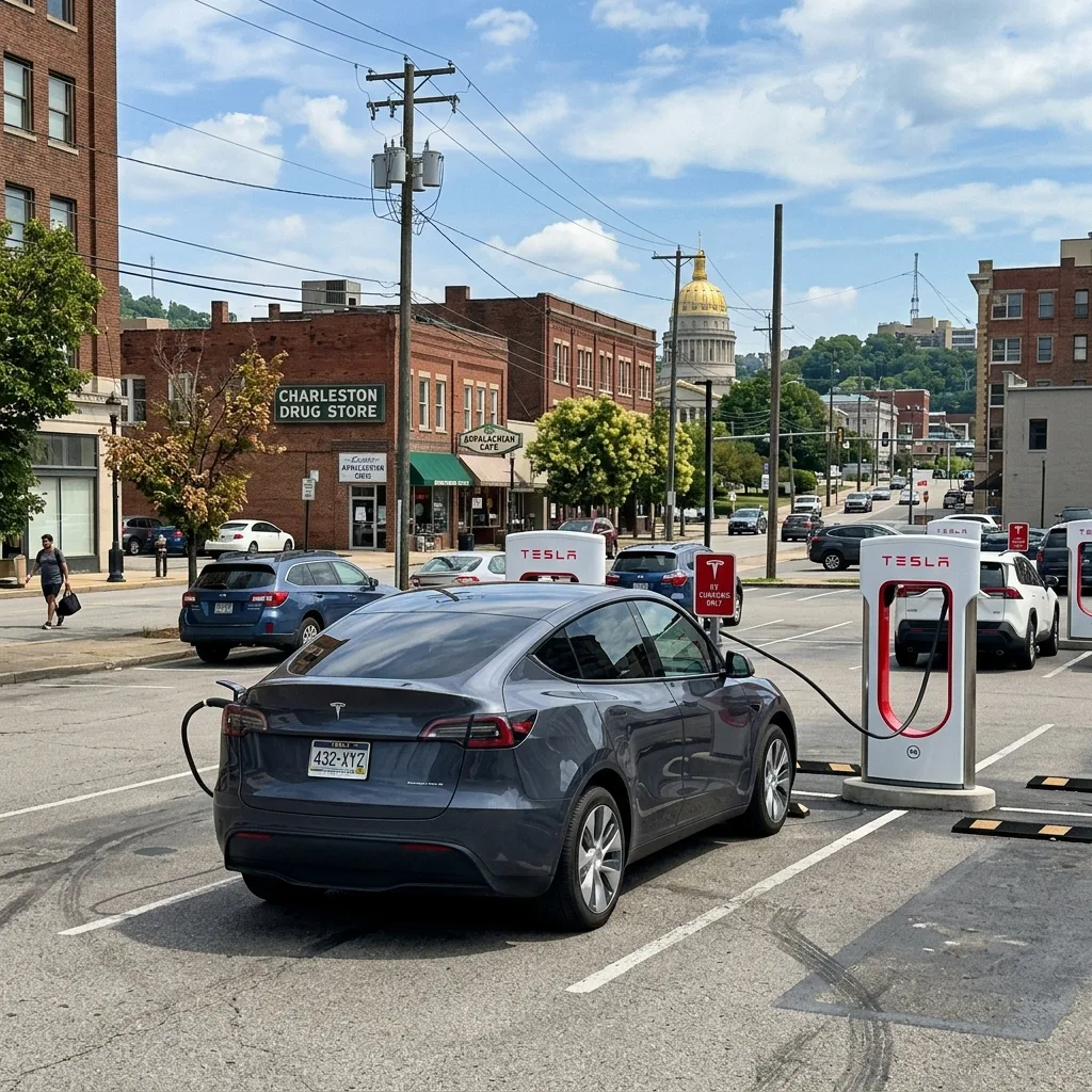 Tesla Model Y at EV charging station facing West Virginia EV surcharge and property tax