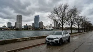 Wisconsin vehicle tax Milwaukee skyline with BMW X5