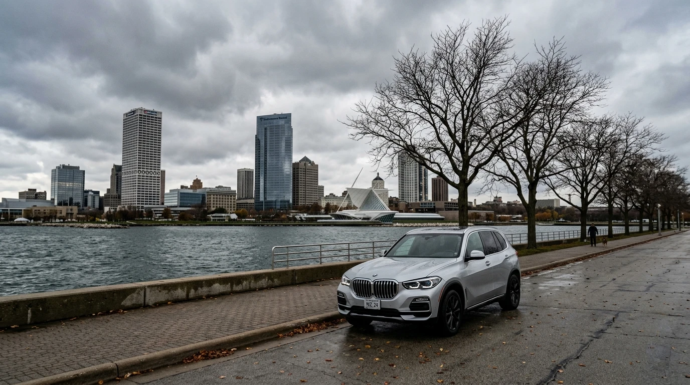 Wisconsin vehicle tax Milwaukee skyline with BMW X5