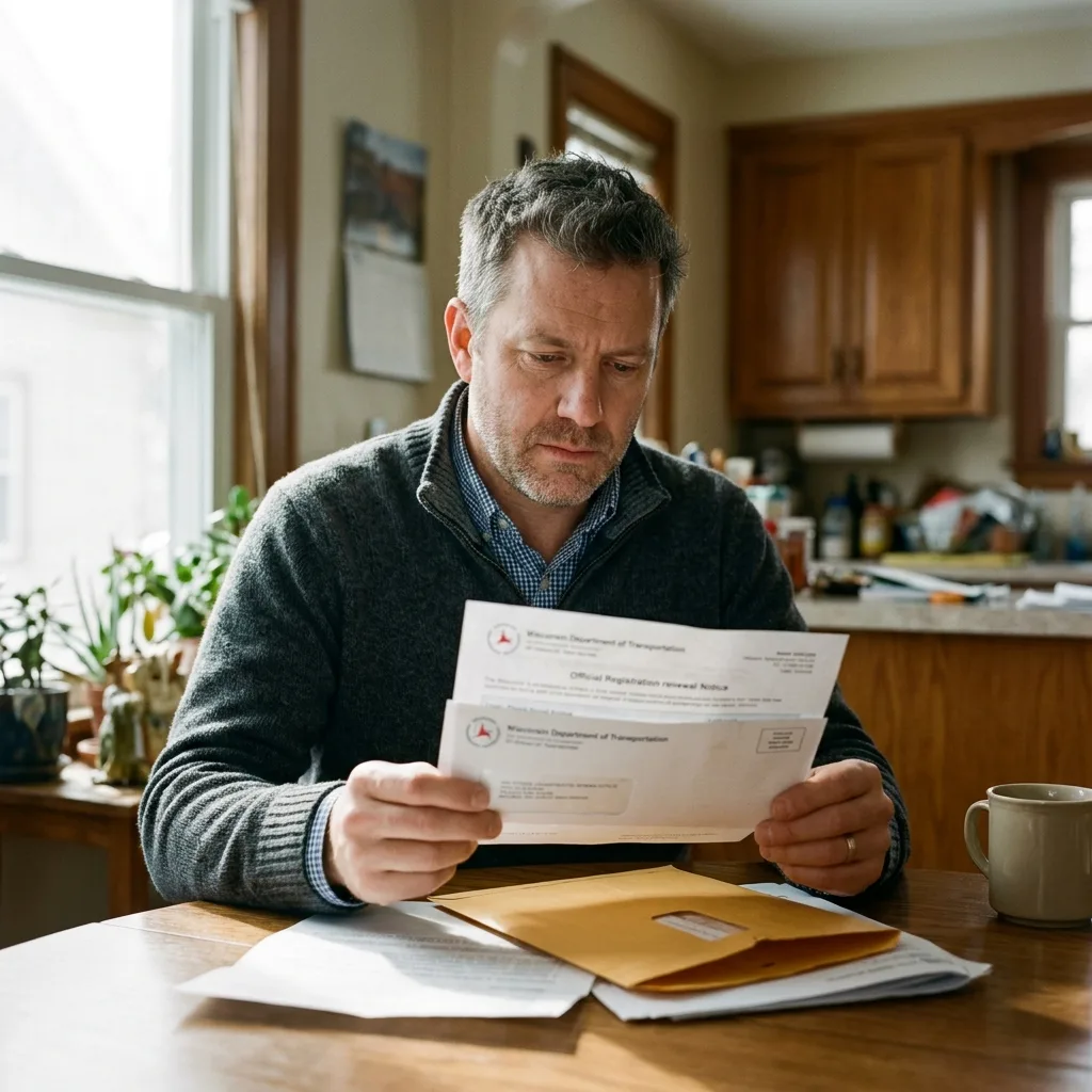 Milwaukee resident opening Wisconsin DOT wheel tax registration envelope shock