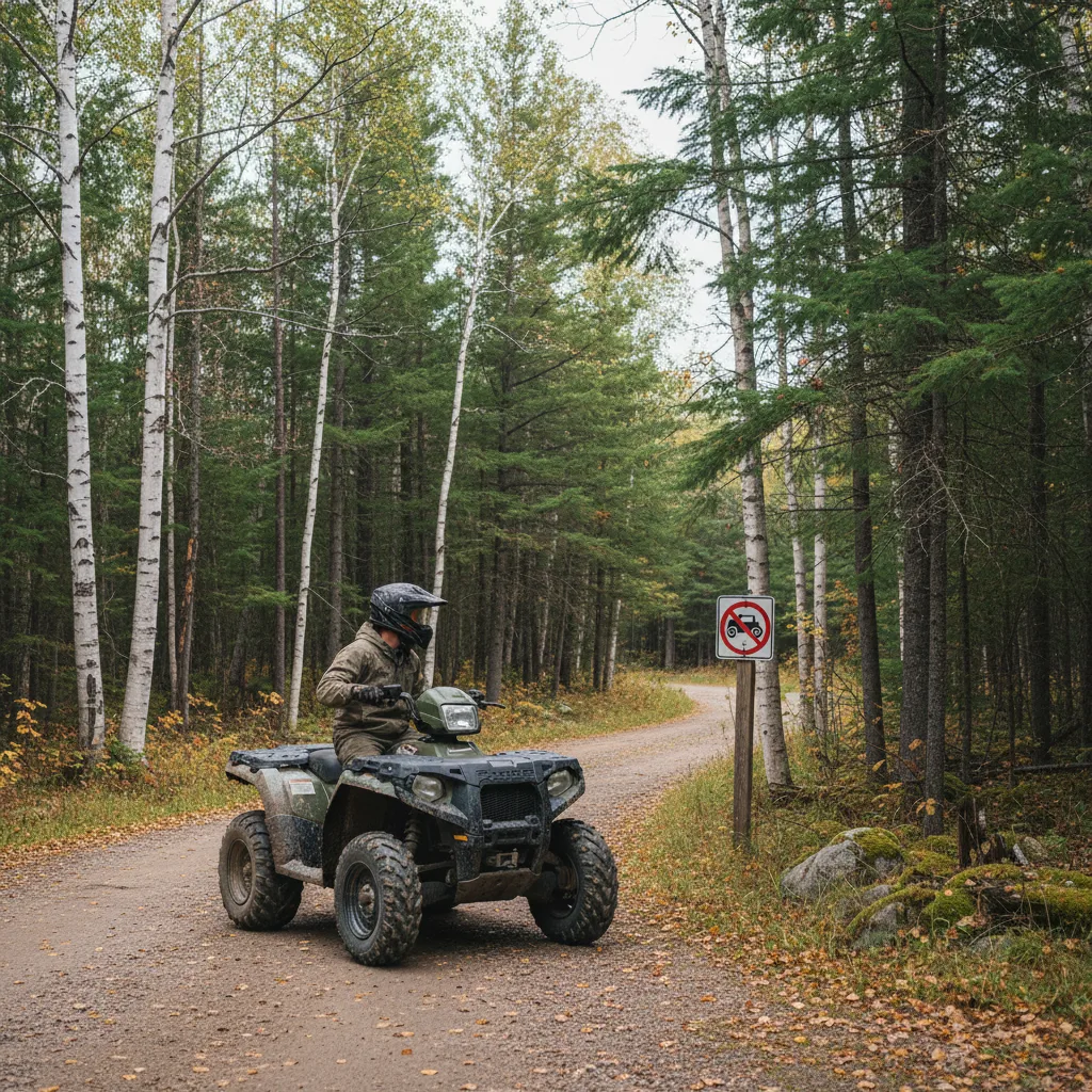 ATV stopped at Wisconsin county road no ATV access sign