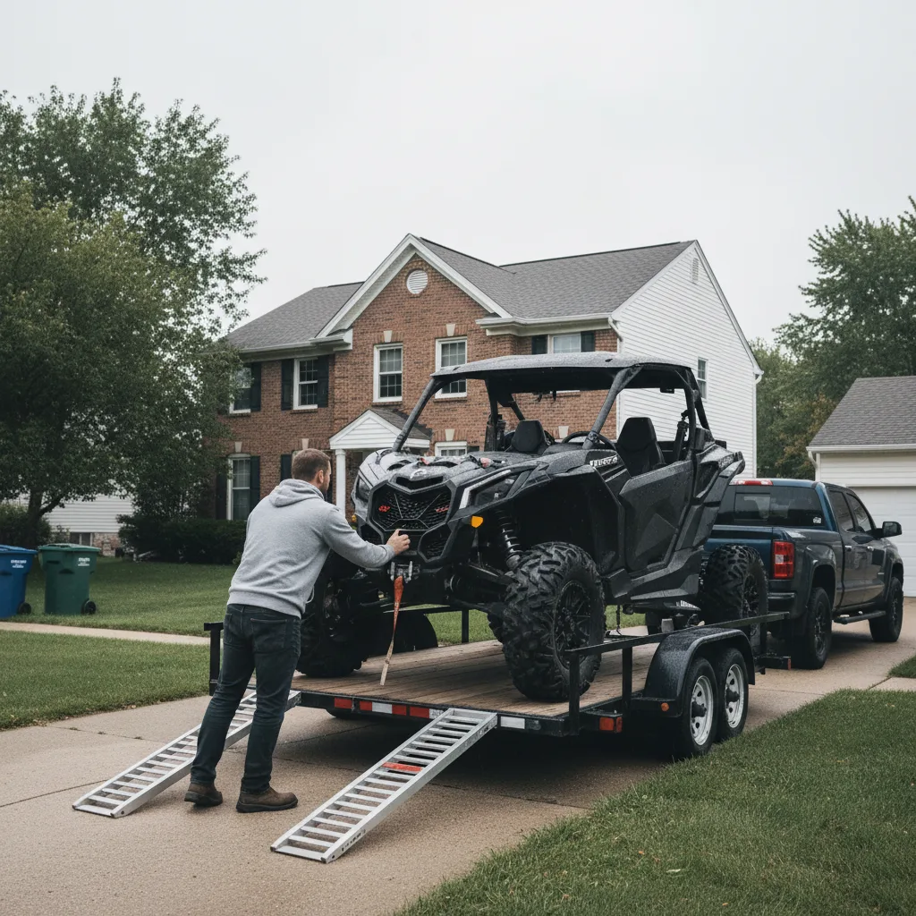 Milwaukee tech professional loading Can-Am Maverick X3 onto trailer