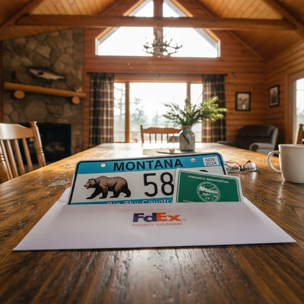 Montana permanent plate in envelope arriving at Wisconsin home