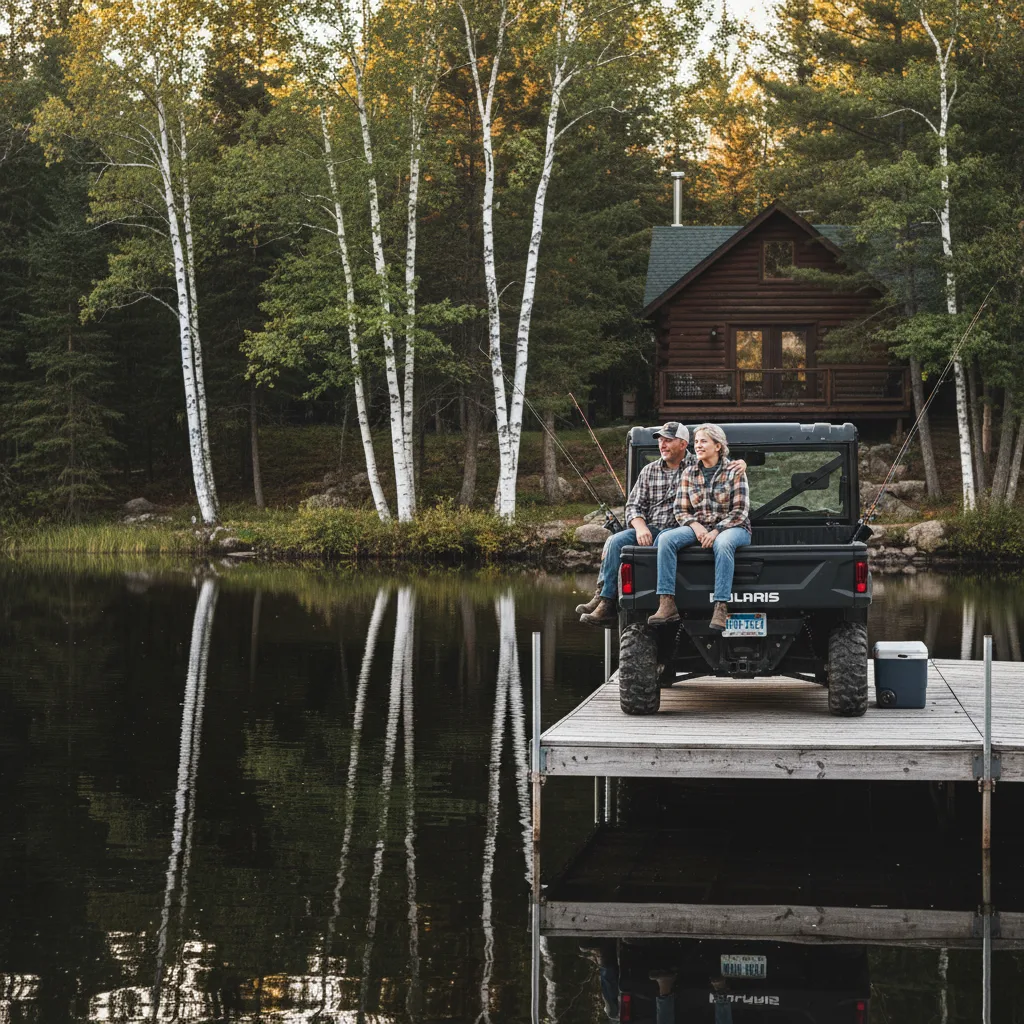 Wisconsin cabin owner couple on Polaris Ranger at Vilas County lake with Montana plate