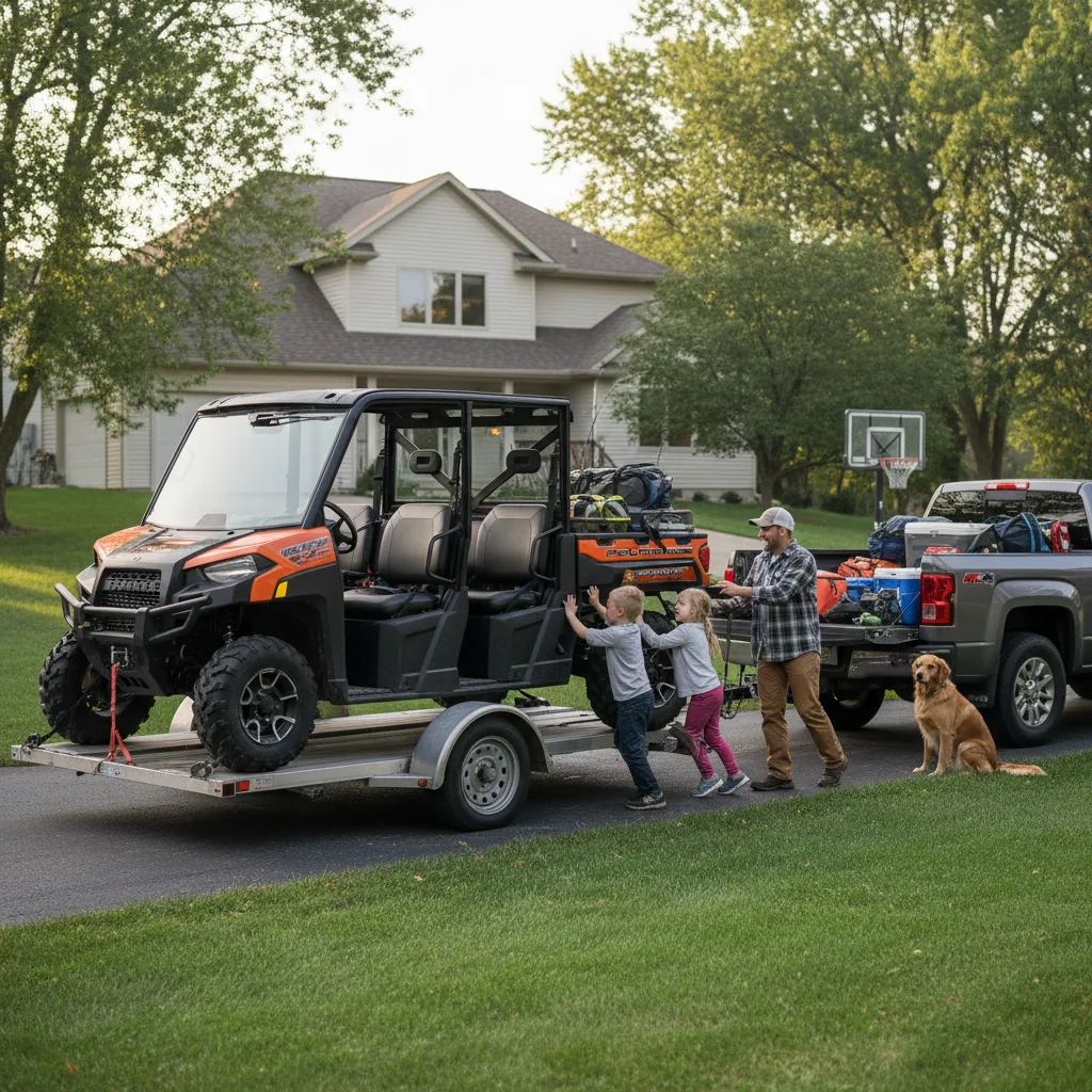 Wisconsin family loading Polaris Ranger Crew onto trailer for Northwoods trail trip