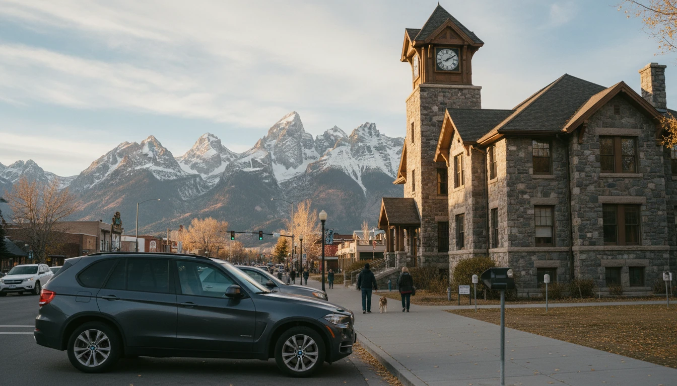 Wyoming vehicle tax Teton County double tap — Jackson Hole BMW X5 with Grand Teton mountains