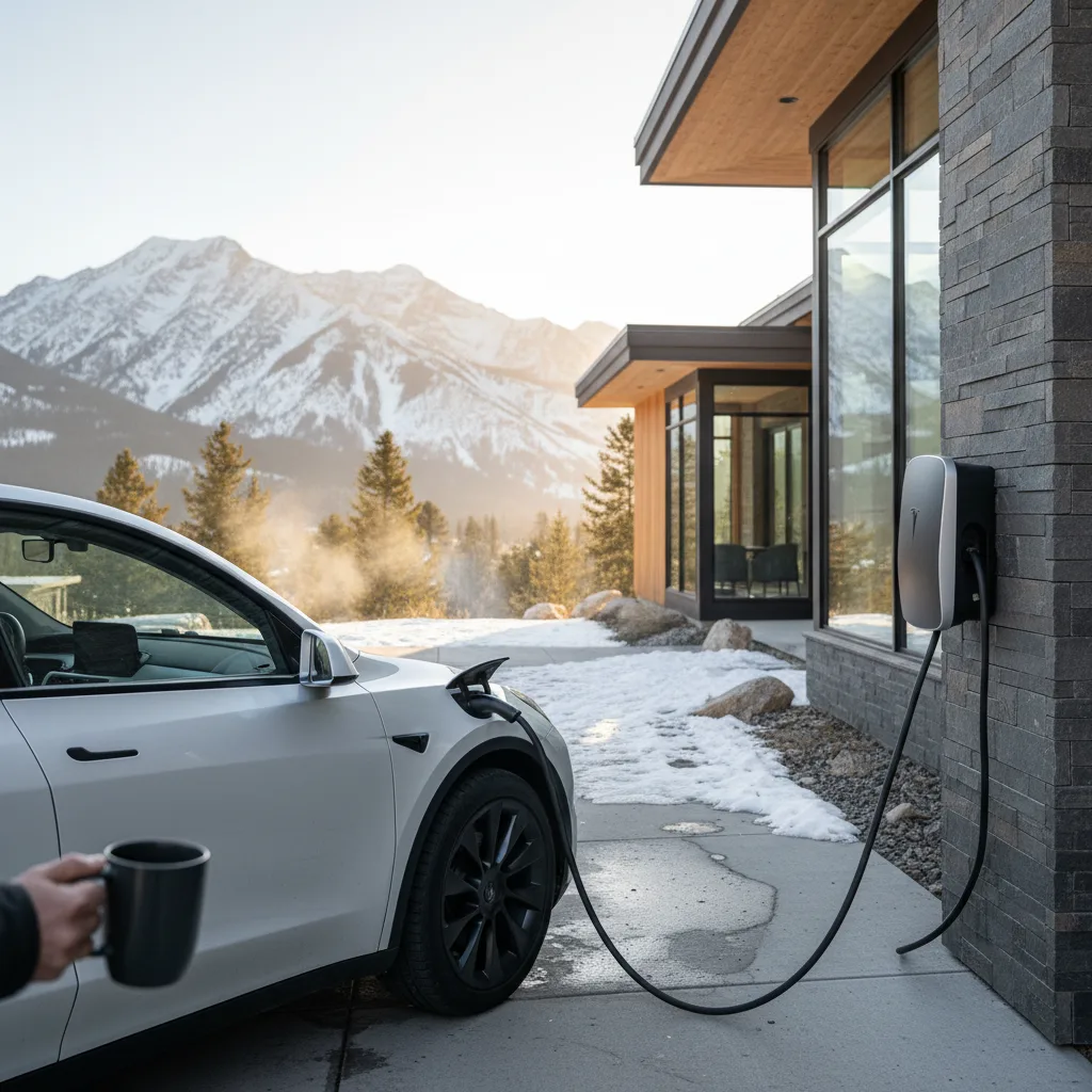 White Tesla Model Y home charging station Jackson Hole contemporary residence
