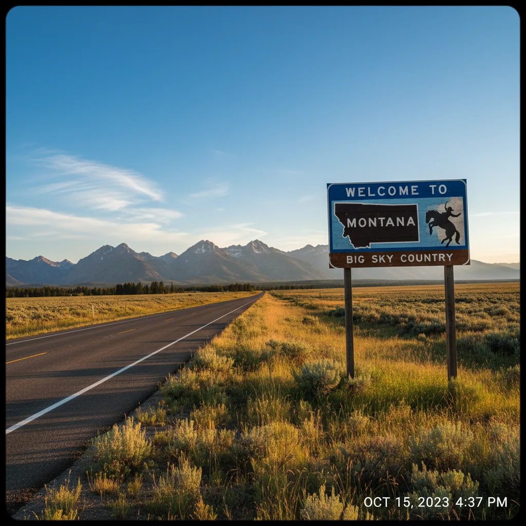 Welcome to Montana highway sign Wyoming Montana border crossing mountain landscape