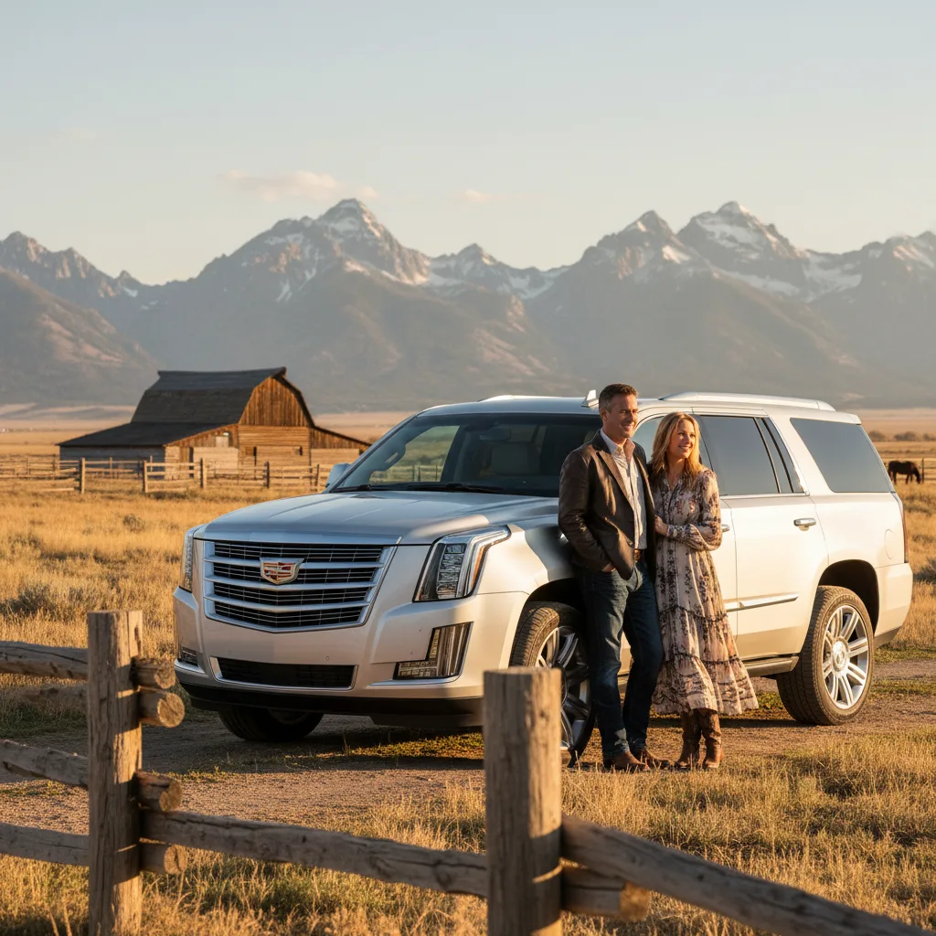Professional couple beside luxury SUV Wyoming mountain ranch lifestyle photograph