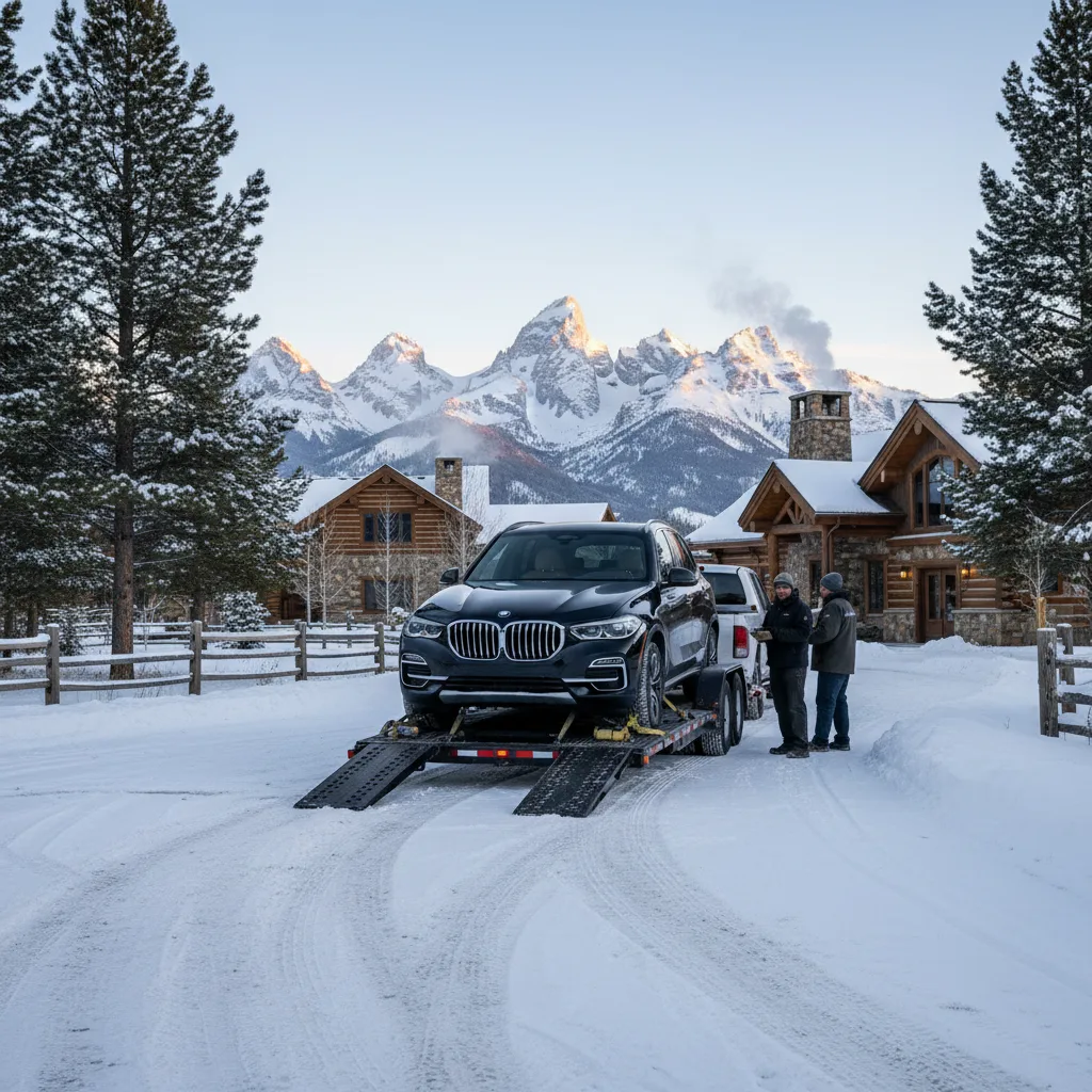 BMW X5 in snow-dusted Jackson Hole Wyoming driveway Teton mountains background