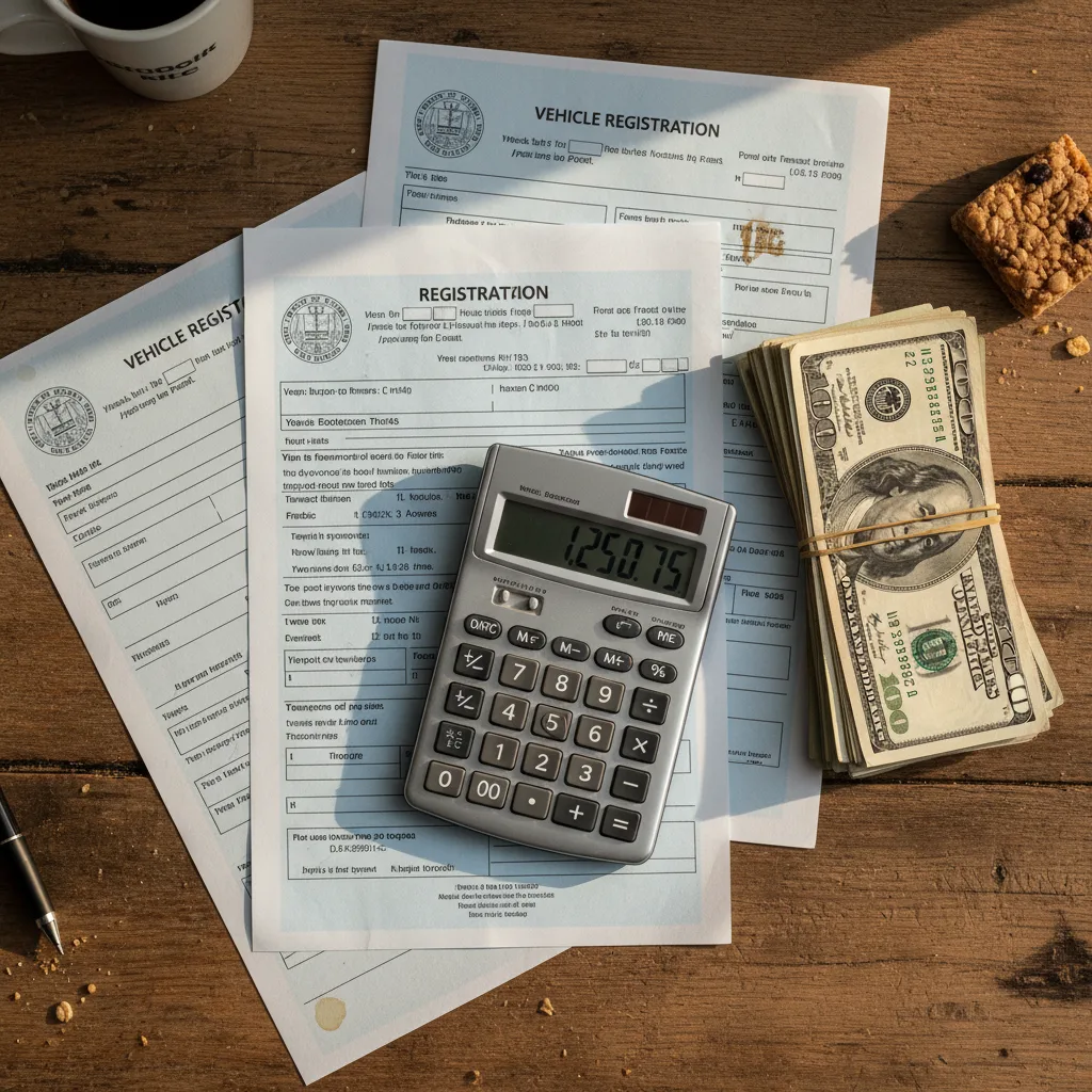 Wyoming vehicle registration documents calculator stack of cash overhead documentary