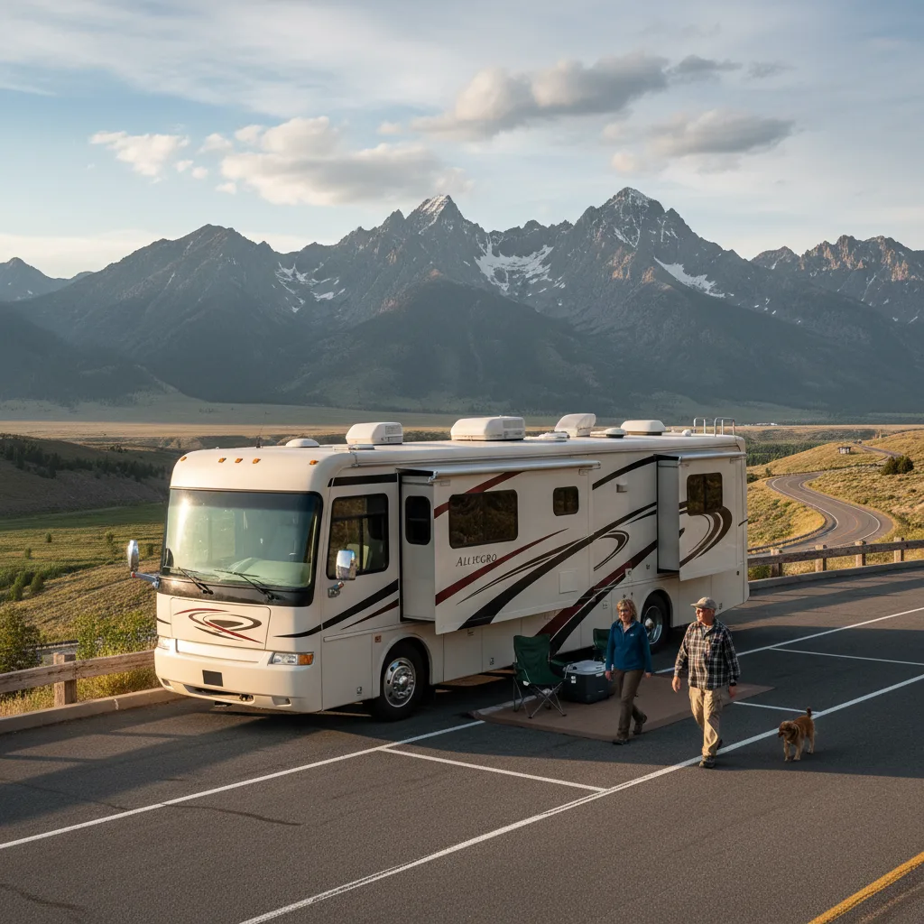 Class A Tiffin Allegro Bus motorhome parked at Wyoming mountain overlook Yellowstone