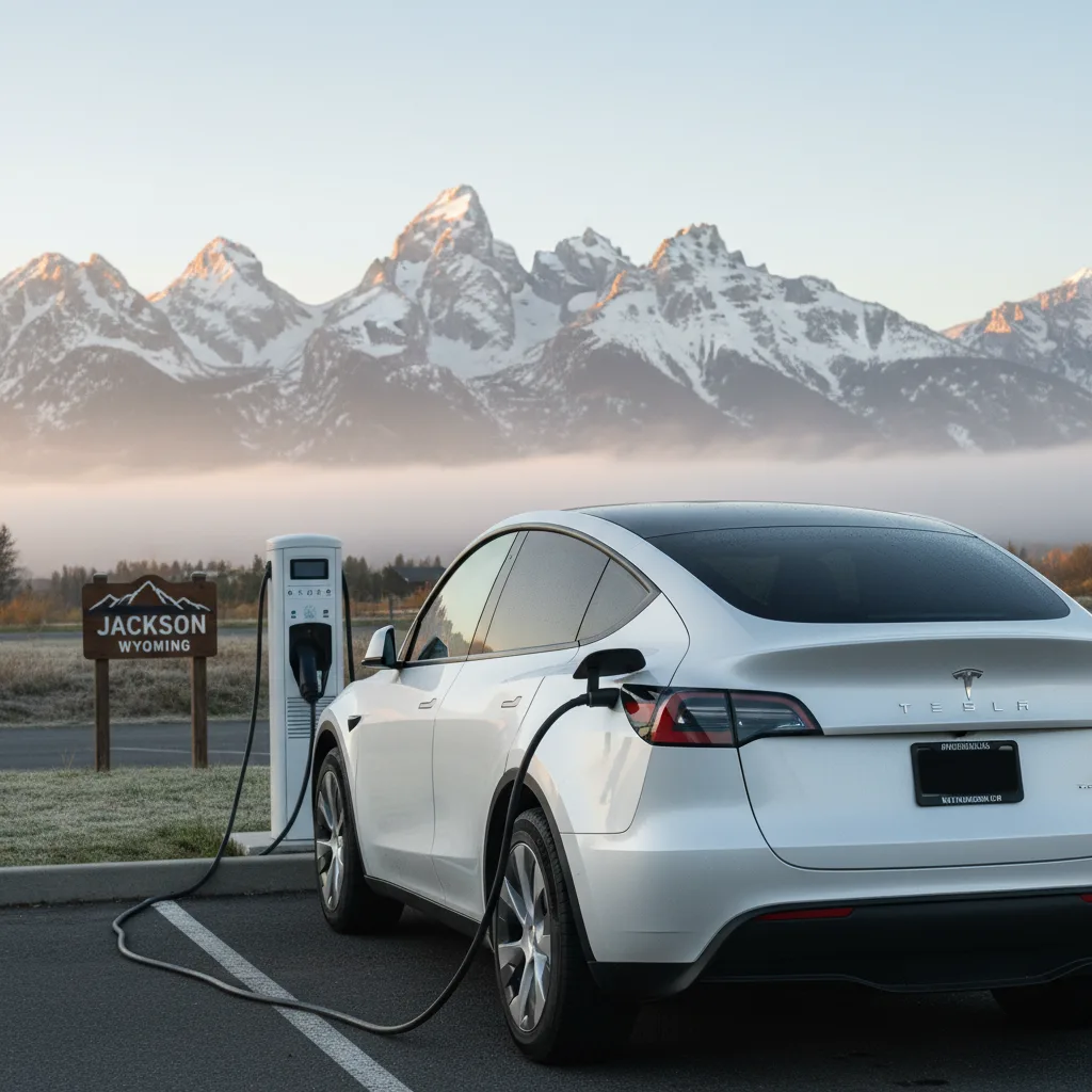 Tesla Model Y at Level 2 charging station Jackson Wyoming Teton mountain range background