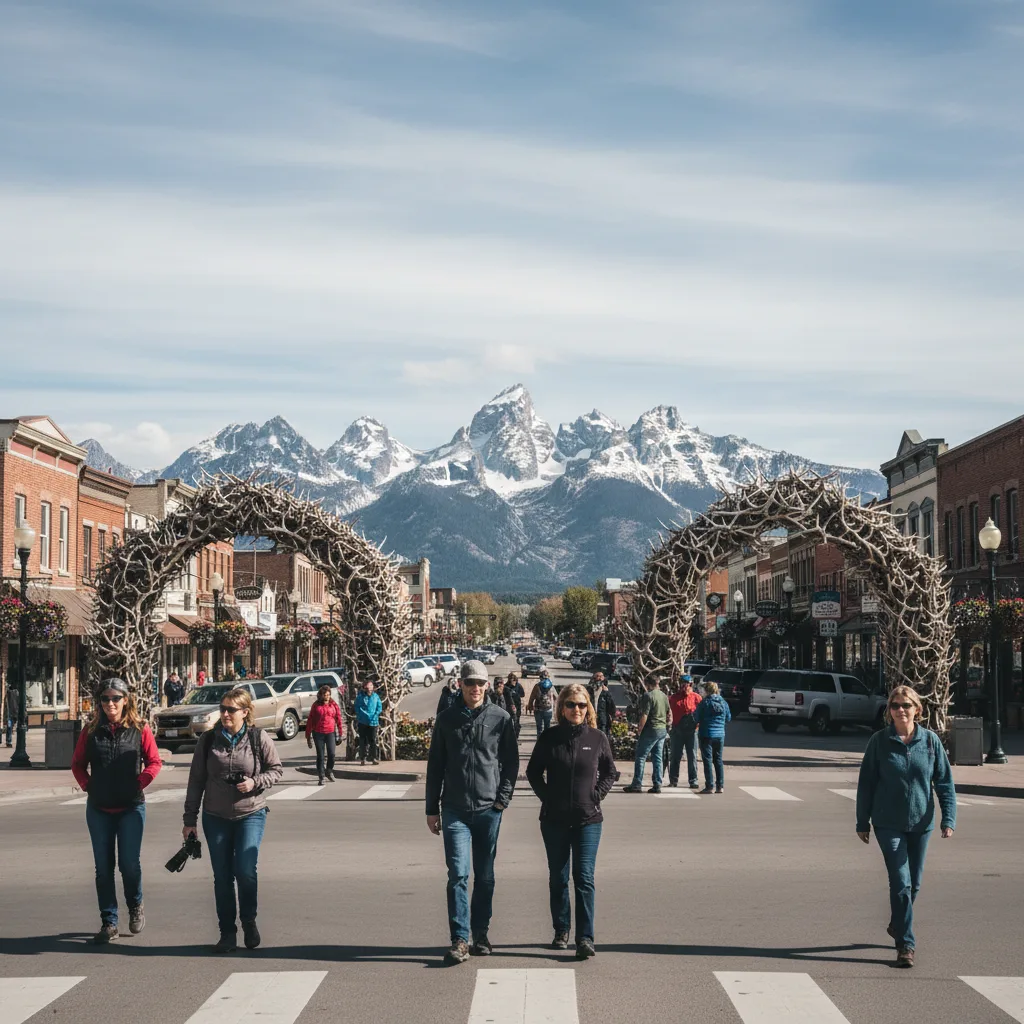 Downtown Jackson Wyoming elk antler arch town square mountain backdrop
