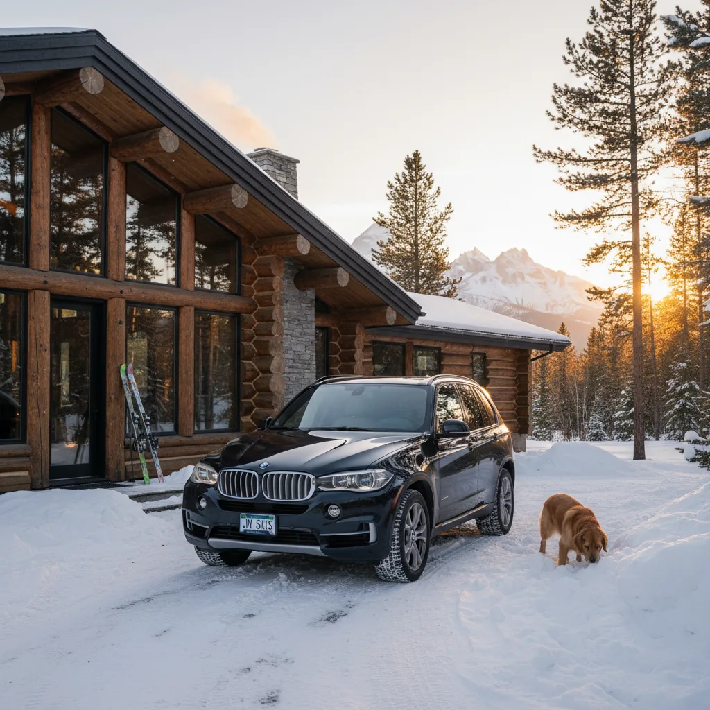 Black BMW X5 parked outside modern mountain home Jackson Hole Wyoming sunset