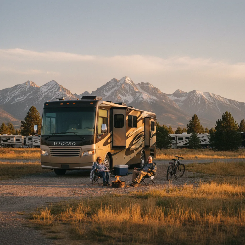 Tiffin Allegro Bus motorhome at Wyoming RV park retired couple camp chairs golden hour