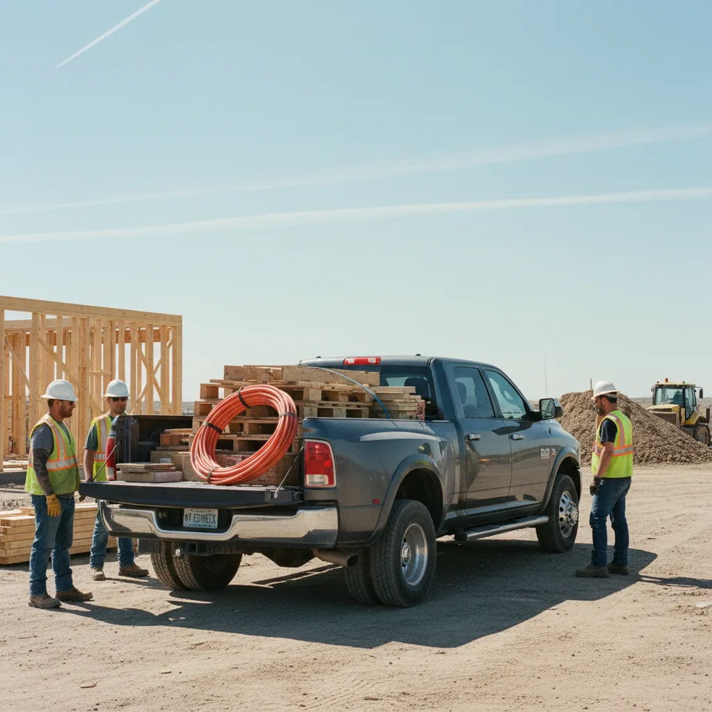 Ram 3500 dually pickup at Cheyenne Wyoming construction site hard hat workers